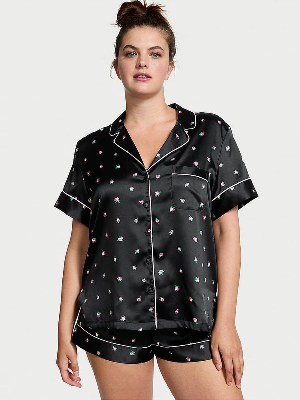 Victoria’s Secret Black Rosebuds Shirt & Shorts Button-Up Satin‎ Pajama Set